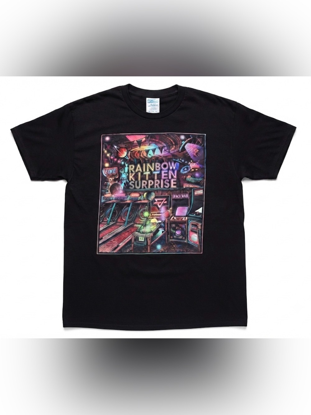 Rainbow Kitten Surprise Band T-Shirt Men's XL Black Arcade Graphic Tee